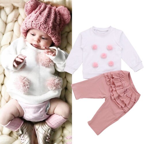 Cute Newborn Baby Girls Ball Tops Cotton Sweatshirt Ruffle Long Pants 2Pcs Outfits Clothes - ebowsos