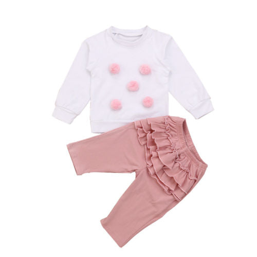 Cute Newborn Baby Girls Ball Tops Cotton Sweatshirt Ruffle Long Pants 2Pcs Outfits Clothes - ebowsos