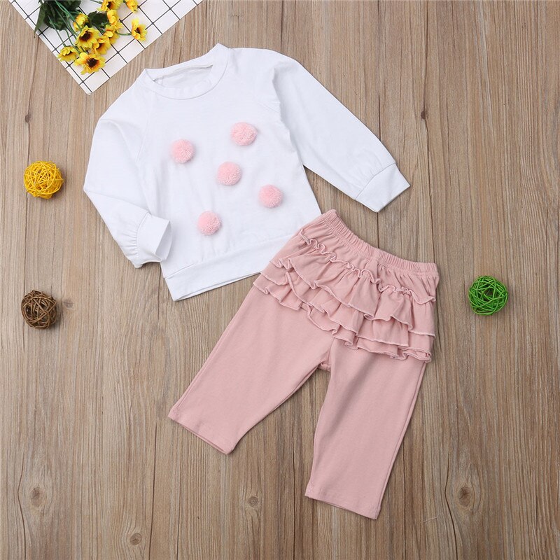 Cute Newborn Baby Girls Ball Tops Cotton Sweatshirt Ruffle Long Pants 2Pcs Outfits Clothes - ebowsos