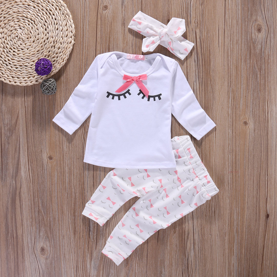 Cute  Newborn Baby Girls Clothes bow T-shirt Tops + Long Pants Outfits Playsuit Set 3PCS - ebowsos