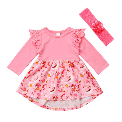 Cute Newborn Baby Girls Dresses Long Sleeve Lace Cartoon Casual Dress Clothes - ebowsos