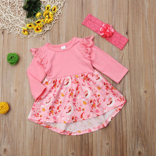 Cute Newborn Baby Girls Dresses Long Sleeve Lace Cartoon Casual Dress Clothes - ebowsos