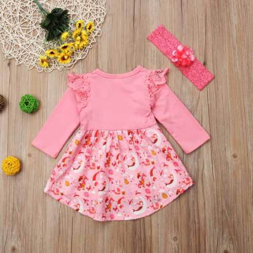 Cute Newborn Baby Girls Dresses Long Sleeve Lace Cartoon Casual Dress Clothes - ebowsos