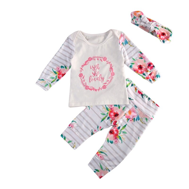 Cute Newborn Baby Girls Floral Tops T-shirt Long Pants Outfits Clothes 3pcs Set - ebowsos