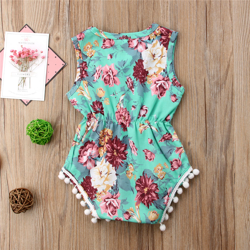 Cute Newborn Baby Girls Sleeveless Tassel Romper Floral Print Jumpsuit Sunsuit Outfits Set Clothes - ebowsos