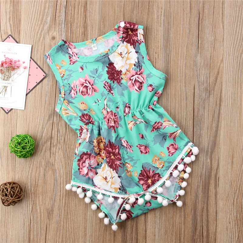 Cute Newborn Baby Girls Sleeveless Tassel Romper Floral Print Jumpsuit Sunsuit Outfits Set Clothes - ebowsos