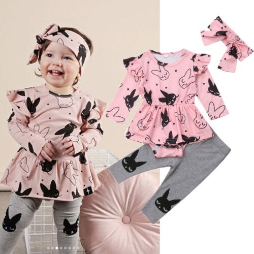 Cute Newborn Infant Kid Baby Girl Cartoon Tops Long Sleeve Romper+Long Pants+Headband 3pcs Autumn Cotton Clothing - ebowsos