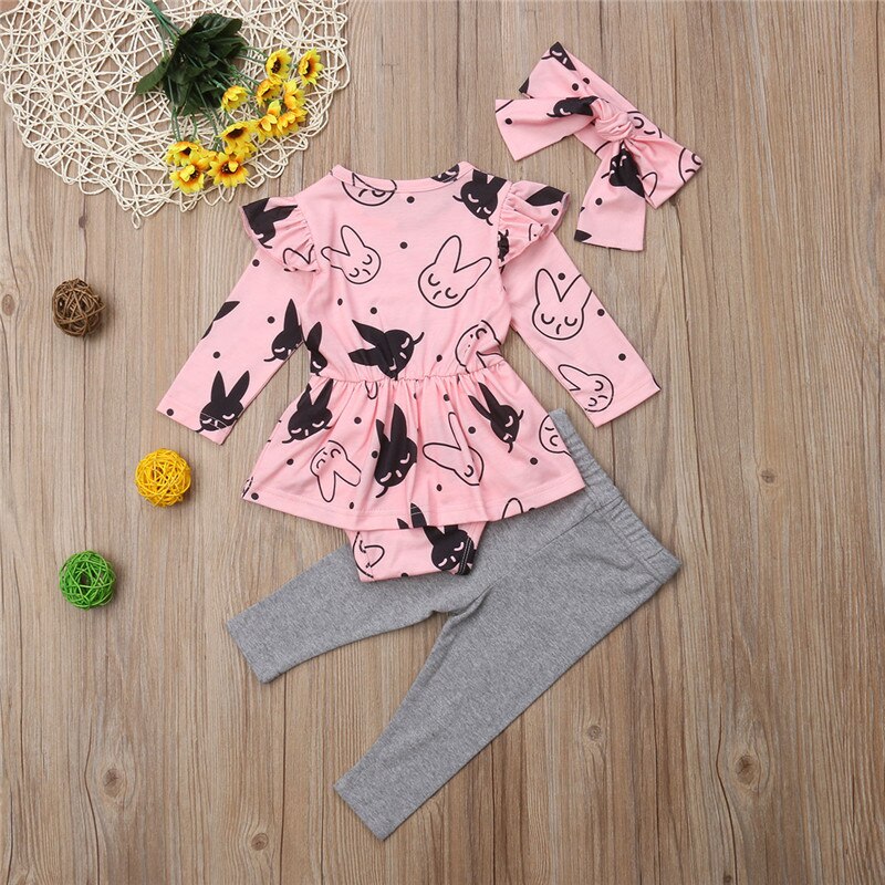 Cute Newborn Infant Kid Baby Girl Cartoon Tops Long Sleeve Romper+Long Pants+Headband 3pcs Autumn Cotton Clothing - ebowsos