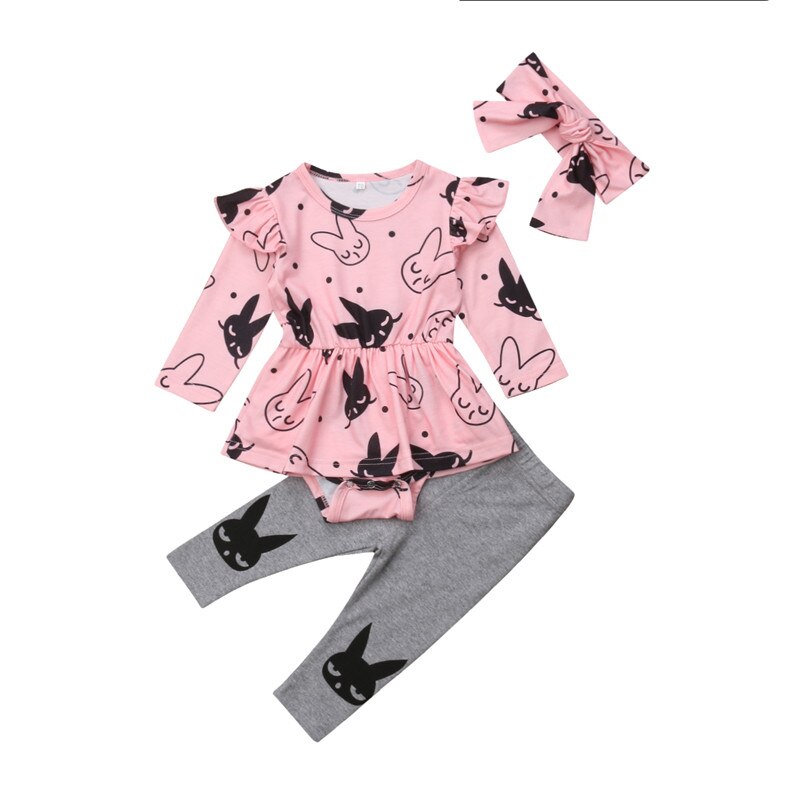 Cute Newborn Infant Kid Baby Girl Cartoon Tops Long Sleeve Romper+Long Pants+Headband 3pcs Autumn Cotton Clothing - ebowsos