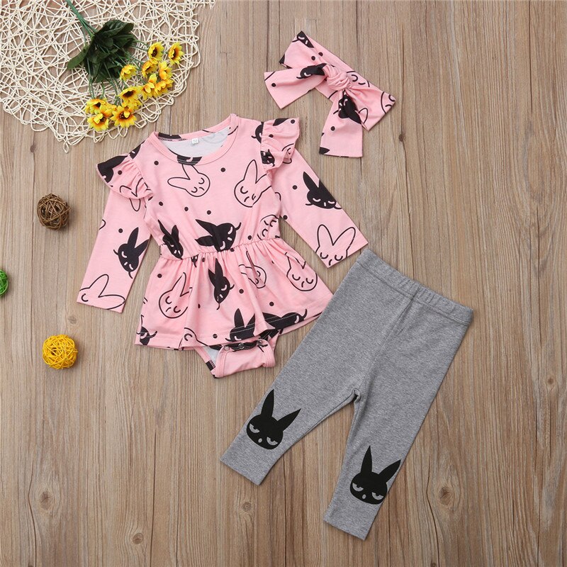 Cute Newborn Infant Kid Baby Girl Cartoon Tops Long Sleeve Romper+Long Pants+Headband 3pcs Autumn Cotton Clothing - ebowsos