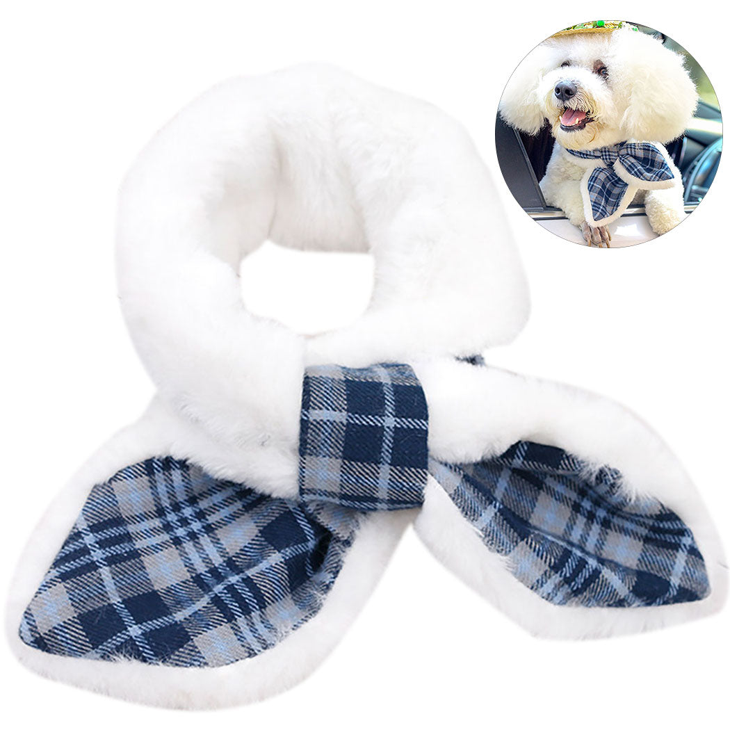 Cute Plush Pet Scarf Adjustable Thickening Plus Velvet Pet Dog Cat Winter Warm Scarf Bib Blue Red Plaid Pet Clothing-ebowsos