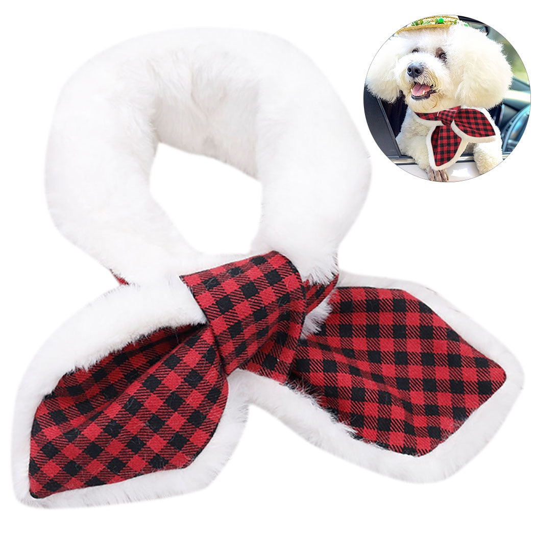 Cute Plush Pet Scarf Adjustable Thickening Plus Velvet Pet Dog Cat Winter Warm Scarf Bib Blue Red Plaid Pet Clothing-ebowsos