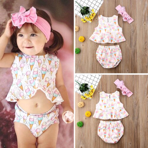 Cute Summer Ice Cream Printed Baby Girls Tops Sleeveless T-shirt+Shorts Briefs 3pcs Outfits Set Clothes - ebowsos