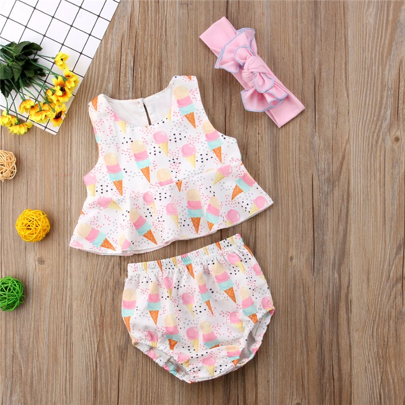 Cute Summer Ice Cream Printed Baby Girls Tops Sleeveless T-shirt+Shorts Briefs 3pcs Outfits Set Clothes - ebowsos