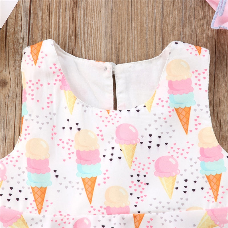 Cute Summer Ice Cream Printed Baby Girls Tops Sleeveless T-shirt+Shorts Briefs 3pcs Outfits Set Clothes - ebowsos