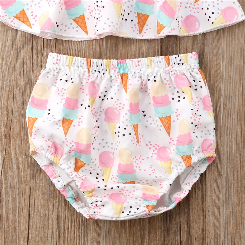 Cute Summer Ice Cream Printed Baby Girls Tops Sleeveless T-shirt+Shorts Briefs 3pcs Outfits Set Clothes - ebowsos