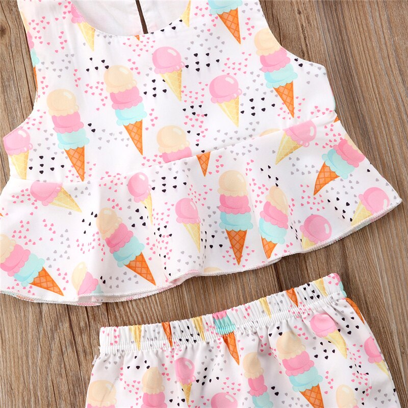 Cute Summer Ice Cream Printed Baby Girls Tops Sleeveless T-shirt+Shorts Briefs 3pcs Outfits Set Clothes - ebowsos