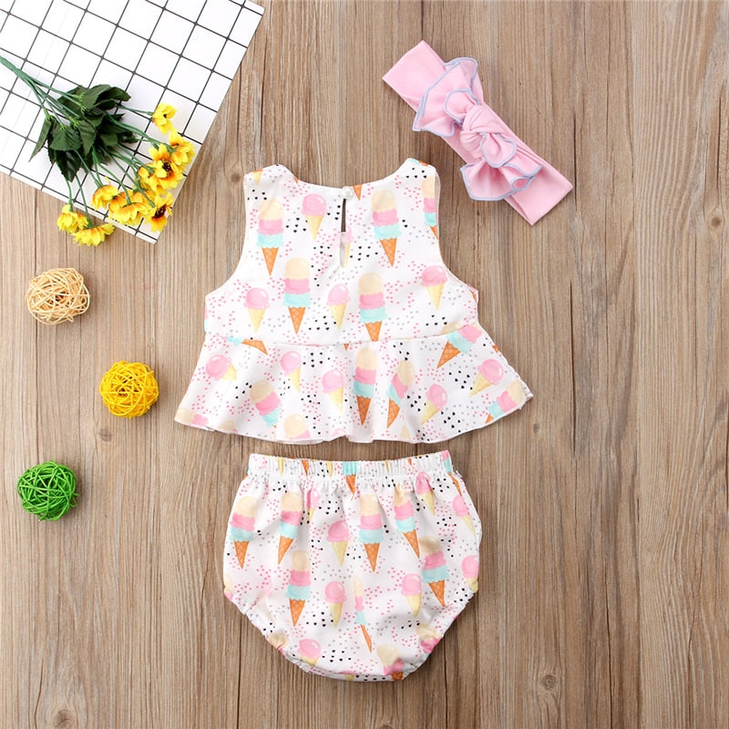 Cute Summer Ice Cream Printed Baby Girls Tops Sleeveless T-shirt+Shorts Briefs 3pcs Outfits Set Clothes - ebowsos