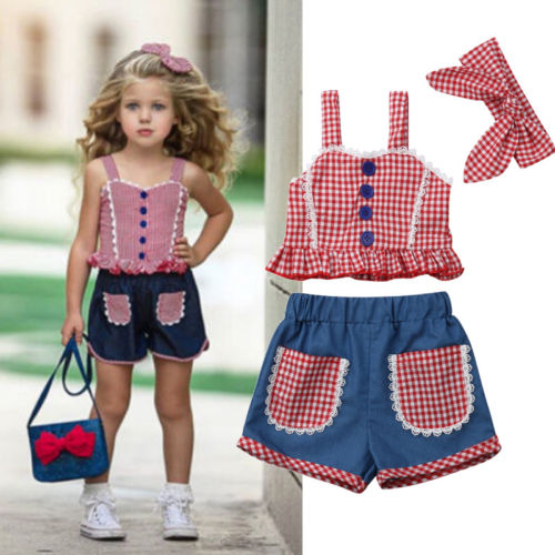 Cute Toddler Baby Girl Clothes Sets Plaid Denim Vest Crop Tops Sleeveless Shorts Headbands 3pcs Outfits Clothes Girls - ebowsos