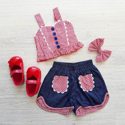 Cute Toddler Baby Girl Clothes Sets Plaid Denim Vest Crop Tops Sleeveless Shorts Headbands 3pcs Outfits Clothes Girls - ebowsos