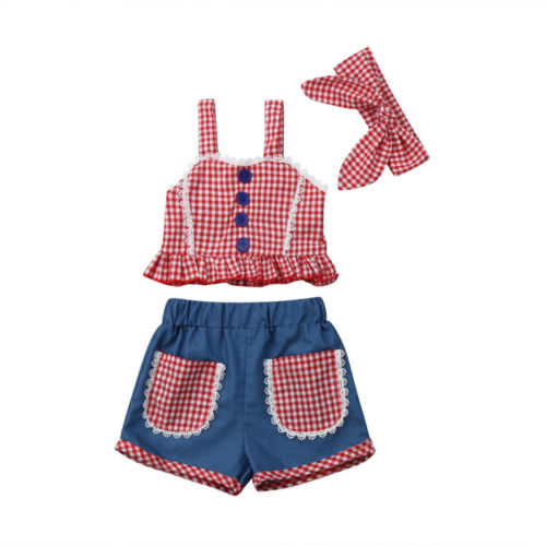 Cute Toddler Baby Girl Clothes Sets Plaid Denim Vest Crop Tops Sleeveless Shorts Headbands 3pcs Outfits Clothes Girls - ebowsos