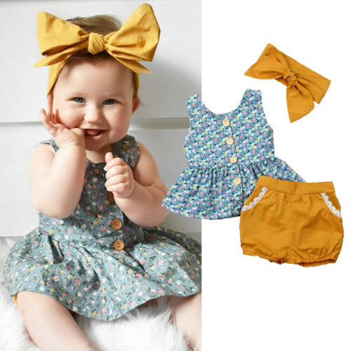 Cute Toddler Baby Girls Clothes Floral Tops Dress +Shorts 3PCS Outfits Sunsuit - ebowsos