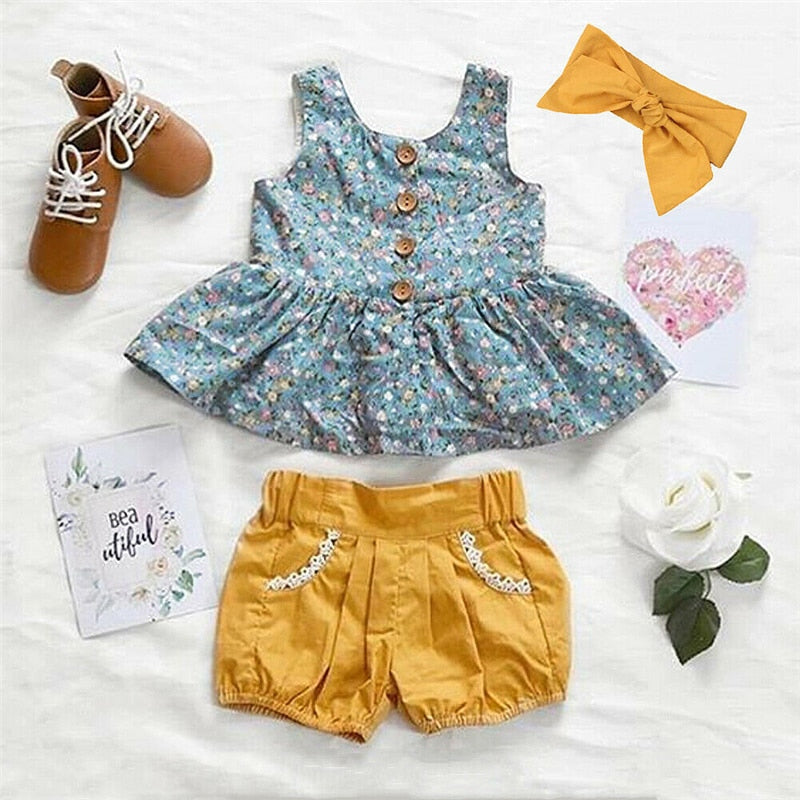 Cute Toddler Baby Girls Clothes Floral Tops Dress +Shorts 3PCS Outfits Sunsuit - ebowsos