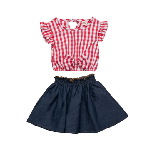 Cute Toddler Baby Girls Clothes Plaid Tops Shirt Denim Dress Skirt Outfit Children Set Clothes - ebowsos