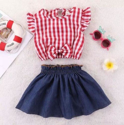 Cute Toddler Baby Girls Clothes Plaid Tops Shirt Denim Dress Skirt Outfit Children Set Clothes - ebowsos