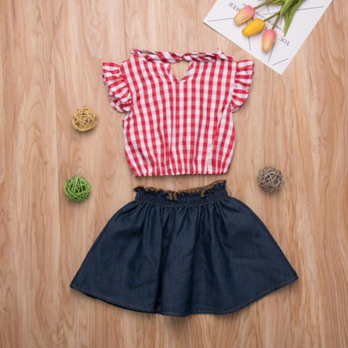 Cute Toddler Baby Girls Clothes Plaid Tops Shirt Denim Dress Skirt Outfit Children Set Clothes - ebowsos