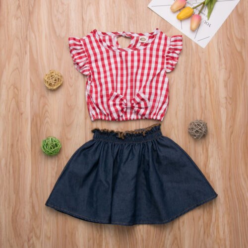 Cute Toddler Baby Girls Clothes Plaid Tops Shirt Denim Dress Skirt Outfit Children Set Clothes - ebowsos