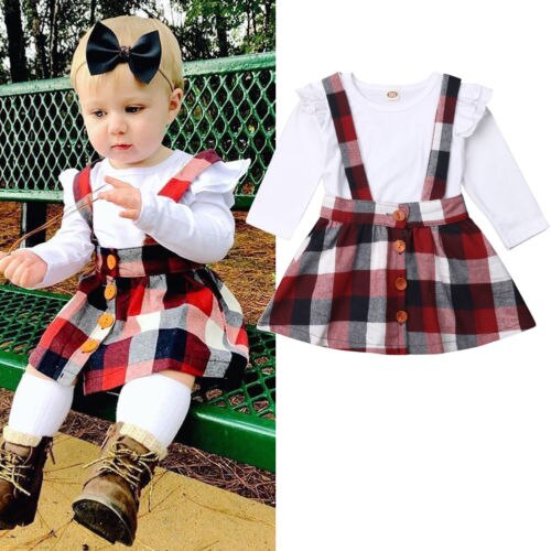 Cute Toddler Baby Girls Dress Skirt Plain T Shirts Plaid Overall Skirt 2Pcs Set Cotton Outfits - ebowsos