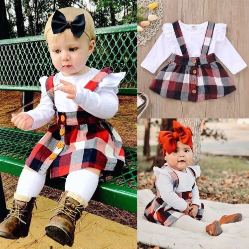 Cute Toddler Baby Girls Dress Skirt Plain T Shirts Plaid Overall Skirt 2Pcs Set Cotton Outfits - ebowsos