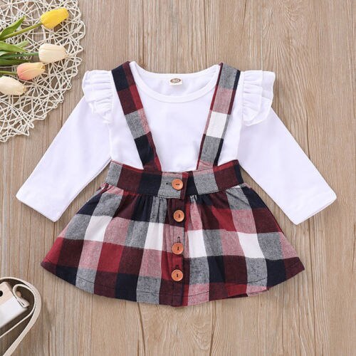 Cute Toddler Baby Girls Dress Skirt Plain T Shirts Plaid Overall Skirt 2Pcs Set Cotton Outfits - ebowsos