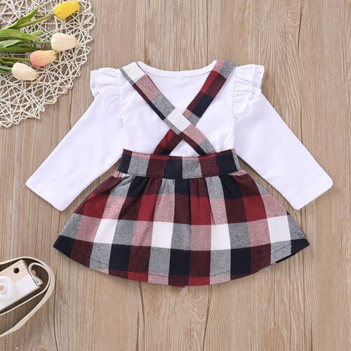 Cute Toddler Baby Girls Dress Skirt Plain T Shirts Plaid Overall Skirt 2Pcs Set Cotton Outfits - ebowsos