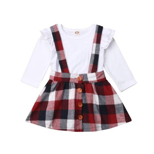 Cute Toddler Baby Girls Dress Skirt Plain T Shirts Plaid Overall Skirt 2Pcs Set Cotton Outfits - ebowsos