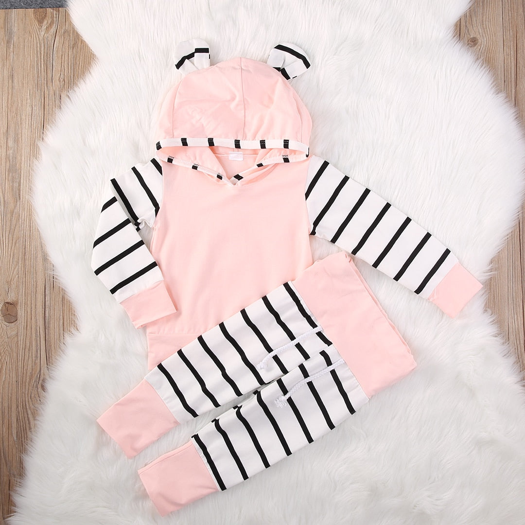 Cute Toddler Baby Girls Hoodie Stripe Long Sleeve Cotton Top+Long Pants Outfits Clothes Set - ebowsos