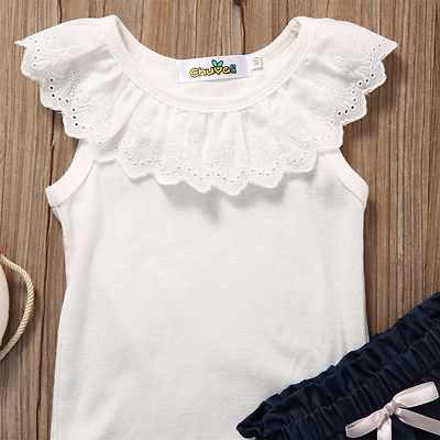 Cute Toddler Kids Baby Girl Outfits T-shirt Tank Tops + Denim Shorts Pants Clothes Set 2PCS - ebowsos