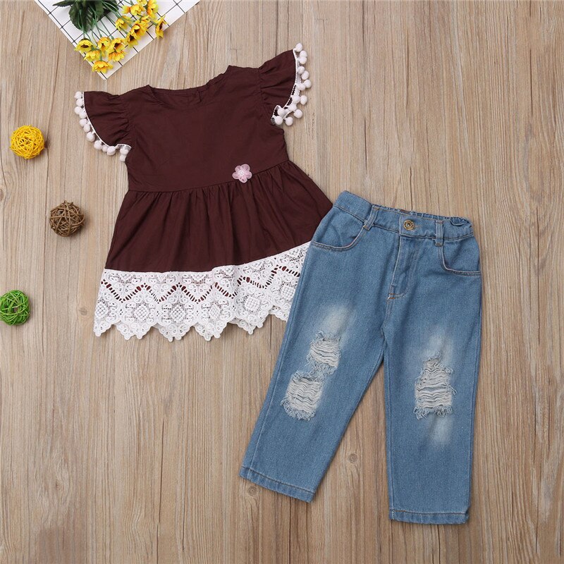 Cute Toddler Kids Girls Baby Silk Dress Lace Top Ripped Pants Skinny Outfits Set Fashion Kid Girl Clothing Set Girl - ebowsos