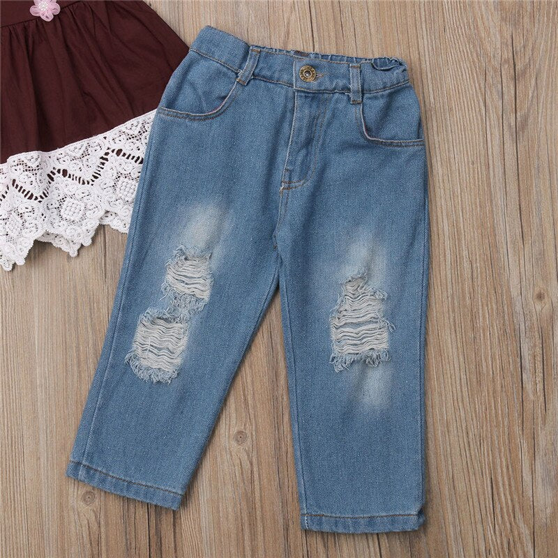 Cute Toddler Kids Girls Baby Silk Dress Lace Top Ripped Pants Skinny Outfits Set Fashion Kid Girl Clothing Set Girl - ebowsos