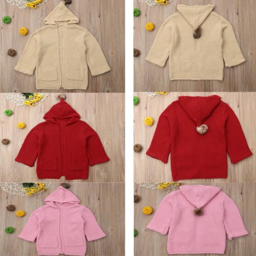 Cute Winter Warm Baby Girls Knit Coat Jacket Children Hooded Clothes Outerwear - ebowsos