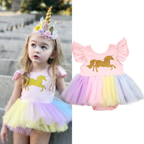 Cute princess Dress Newborn Toddler Baby Girls Unicorn Lace Tutu Fly Sleeve Romper Jumpsuit Fancy Dress Outfits Costume - ebowsos