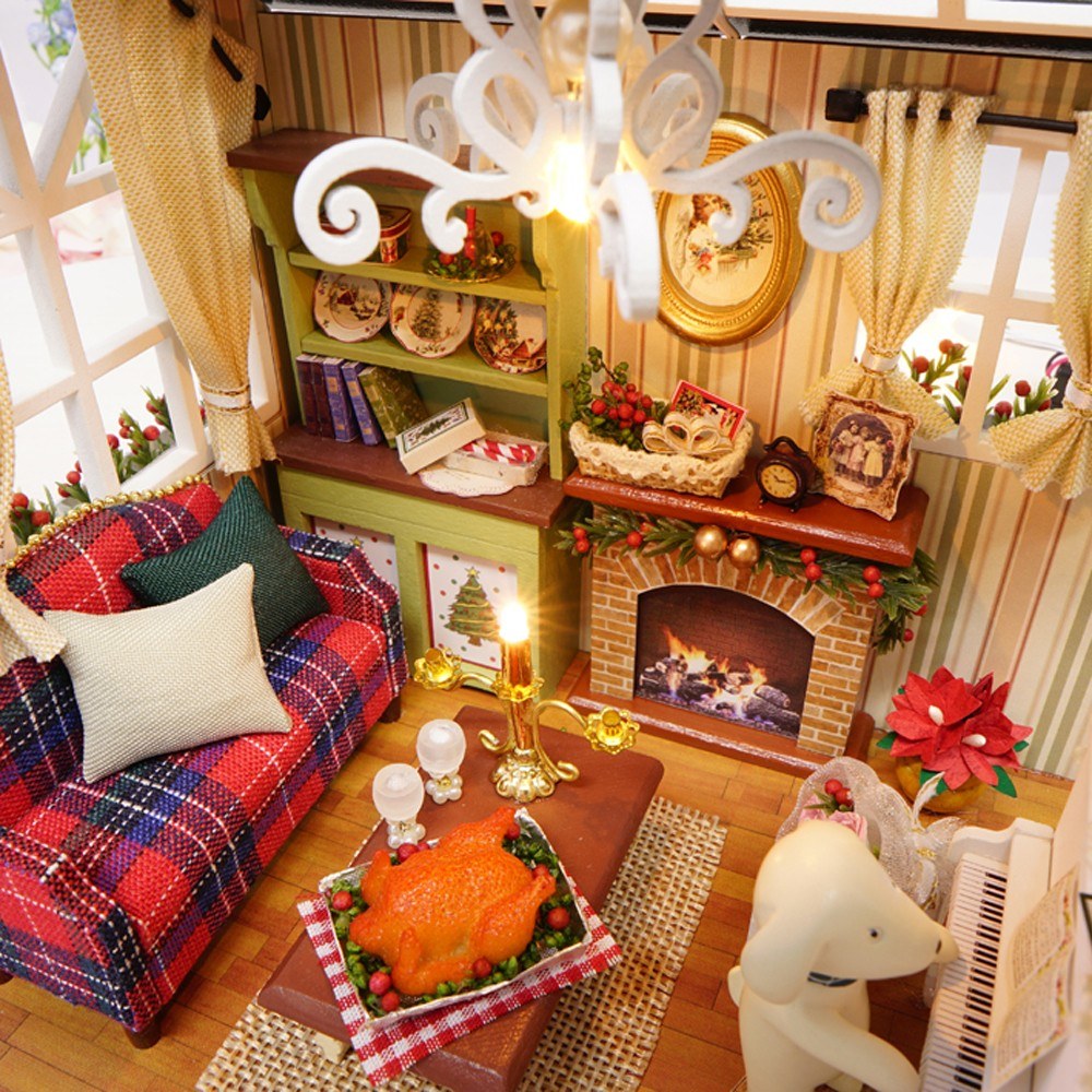 DIY Christmas Miniature Dollhouse Mini 3D Wooden House Craft LED Lights Miniature DIY Dollhouse Doll House Kit-ebowsos