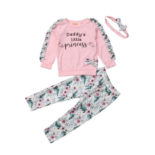 Daddy's Little Princess Newborn Baby Girl Autumn Clothes Ruffles Long Sleeve Tops Floral Pant Legging Headband 3PCS Set - ebowsos