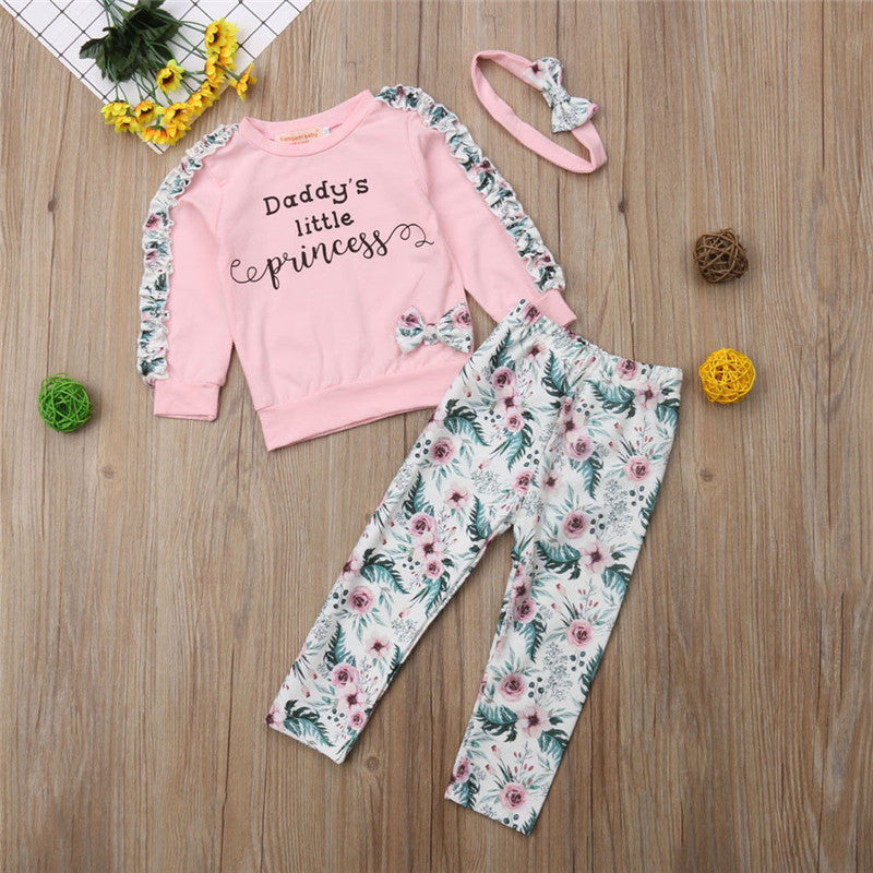 Daddy's Little Princess Newborn Baby Girl Autumn Clothes Ruffles Long Sleeve Tops Floral Pant Legging Headband 3PCS Set - ebowsos