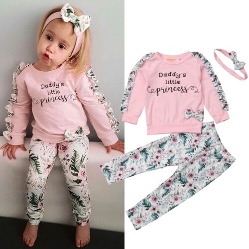 Daddy's Little Princess Newborn Baby Girl Autumn Clothes Ruffles Long Sleeve Tops Floral Pant Legging Headband 3PCS Set - ebowsos