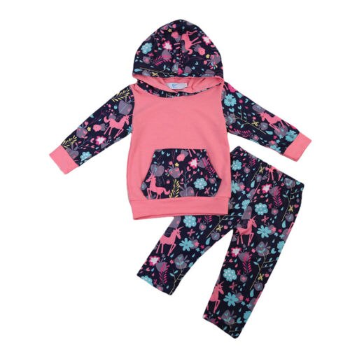 Deer Flower  Newborn Infant Baby Girls Floral Clothes Hooded T-shirt Tops Pants Outfits 2PCS - ebowsos