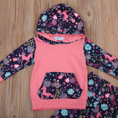 Deer Flower  Newborn Infant Baby Girls Floral Clothes Hooded T-shirt Tops Pants Outfits 2PCS - ebowsos