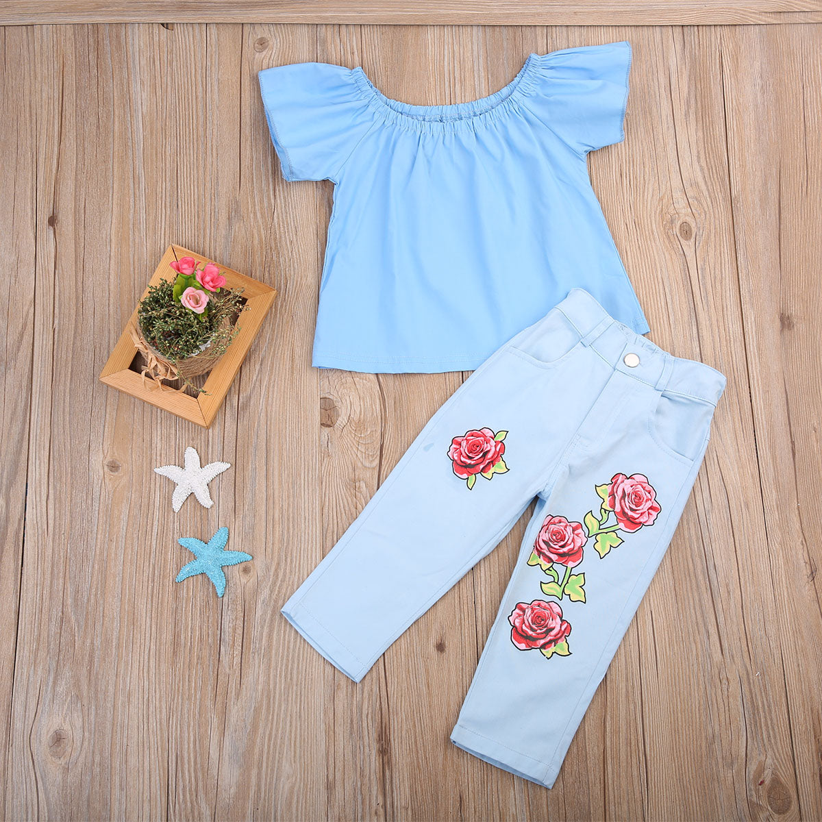 Denim Kids Baby Girl Outfit Off Floral Shoulder Shirt children T-shirt Tops+Long Pants Jeans Clothes - ebowsos