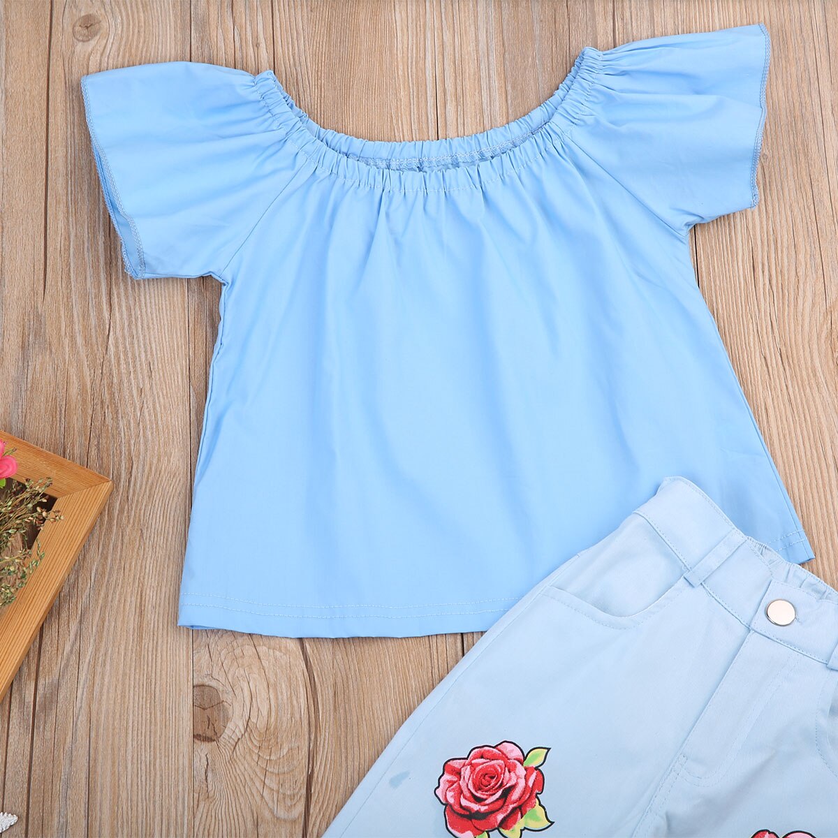 Denim Kids Baby Girl Outfit Off Floral Shoulder Shirt children T-shirt Tops+Long Pants Jeans Clothes - ebowsos